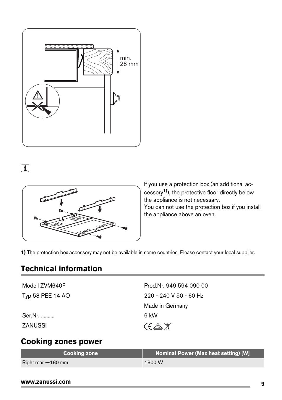 Technical information, Cooking zones power | Zanussi ZVM640F User Manual | Page 9 / 16