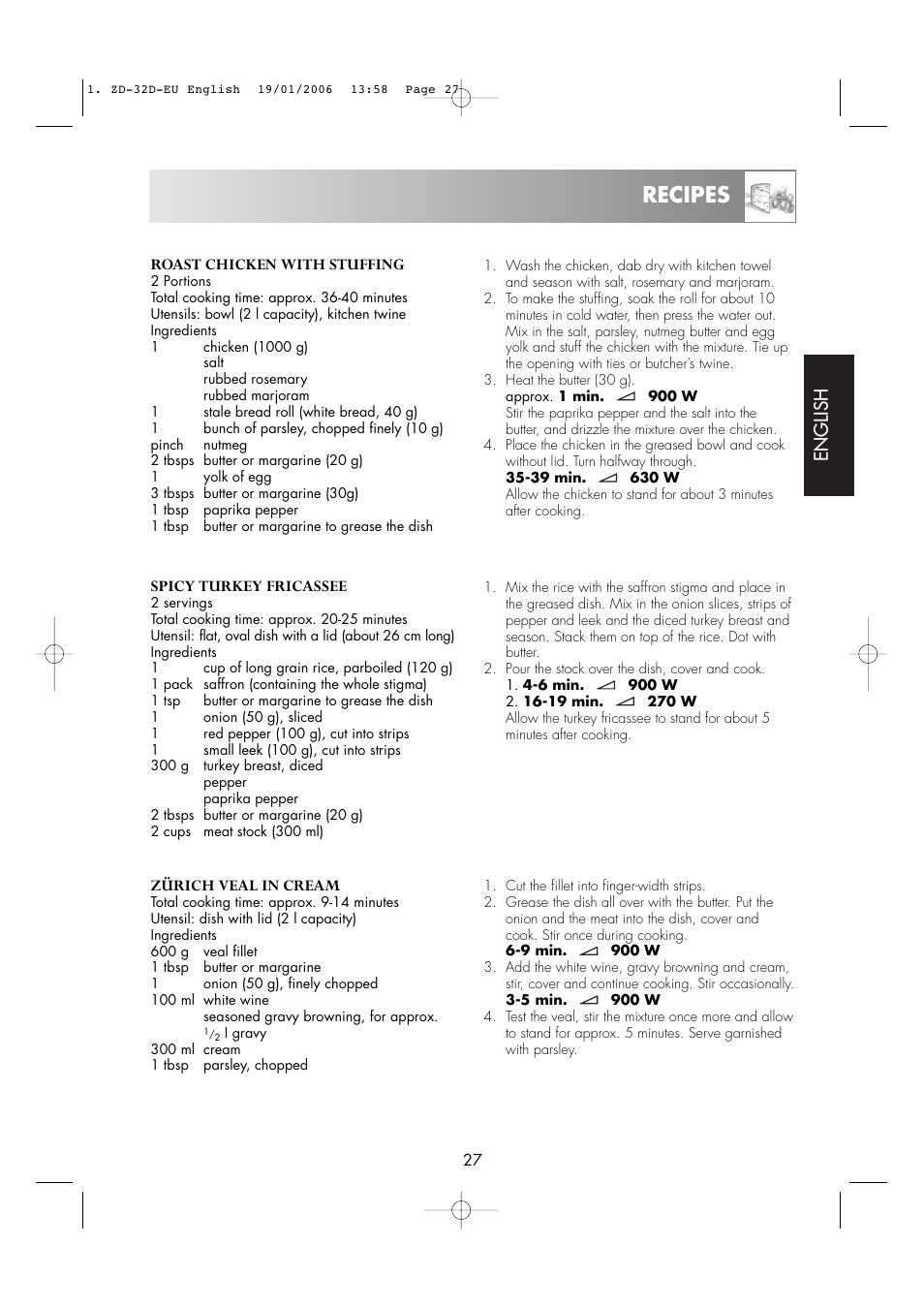 Recipes, English | Zanussi ZM266 User Manual | Page 29 / 40