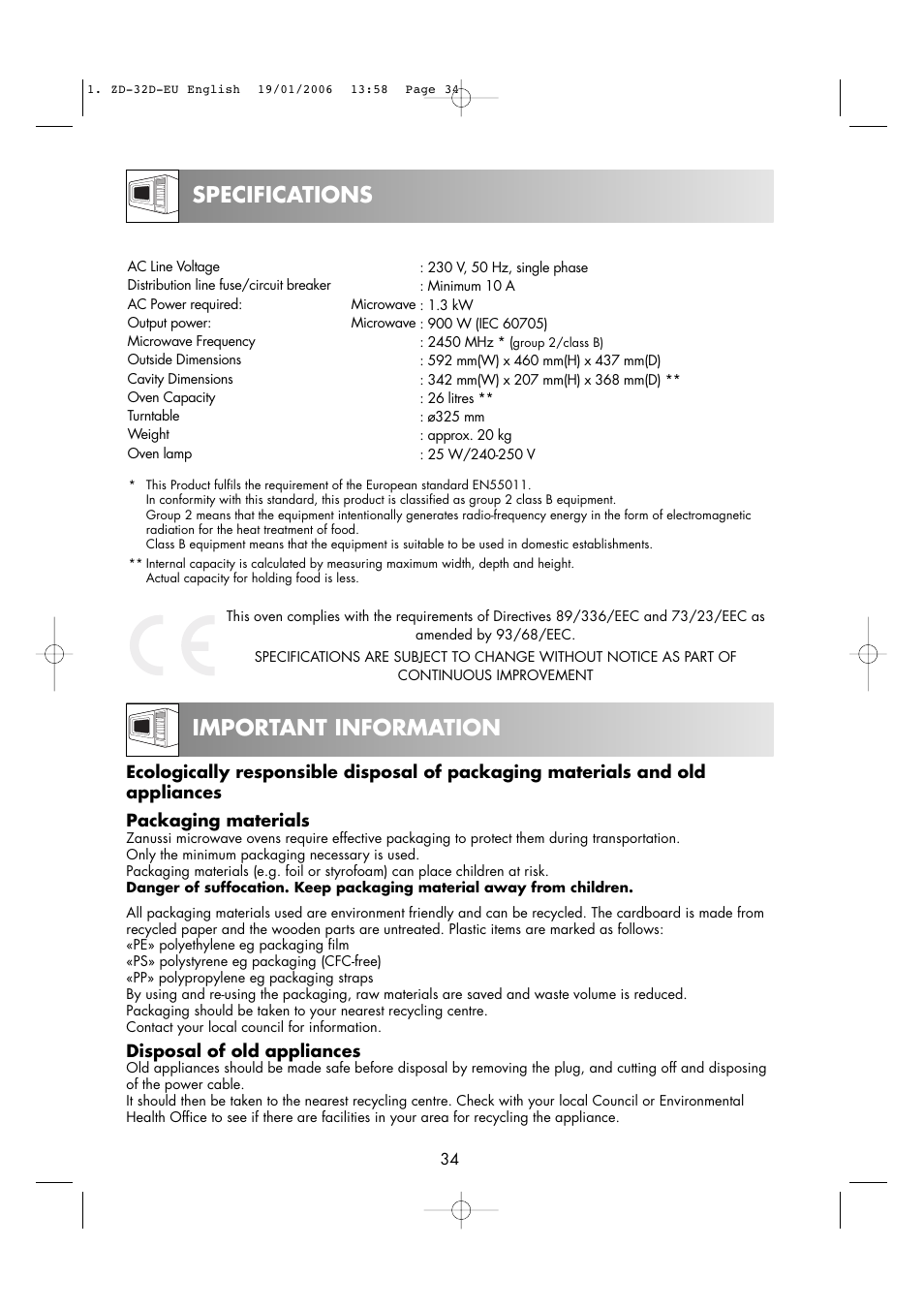 Specifications, Important information | Zanussi ZM266 User Manual | Page 36 / 40