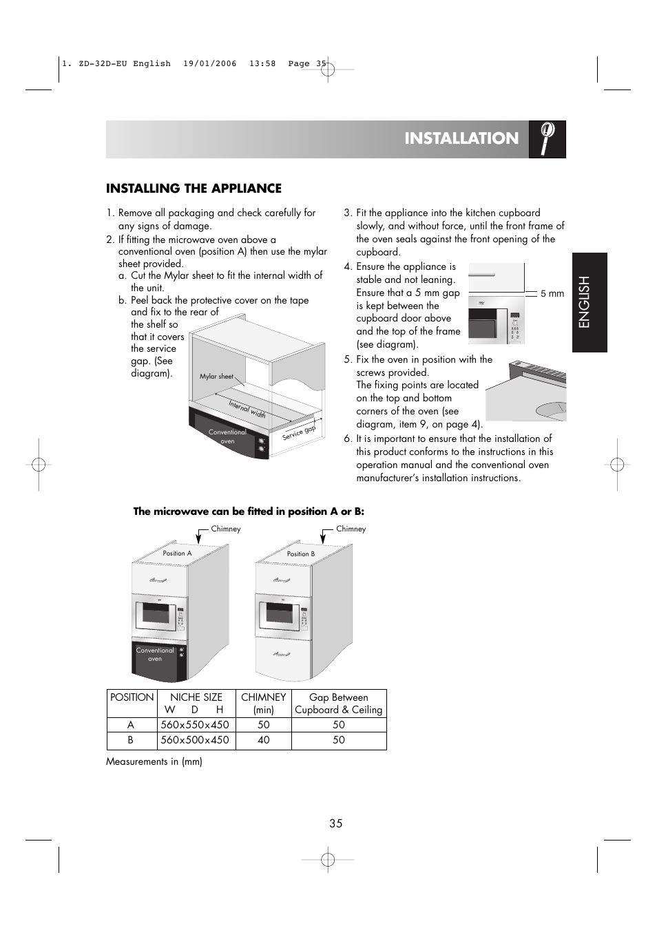 Installation, English, Installing the appliance | Zanussi ZM266 User Manual | Page 37 / 40