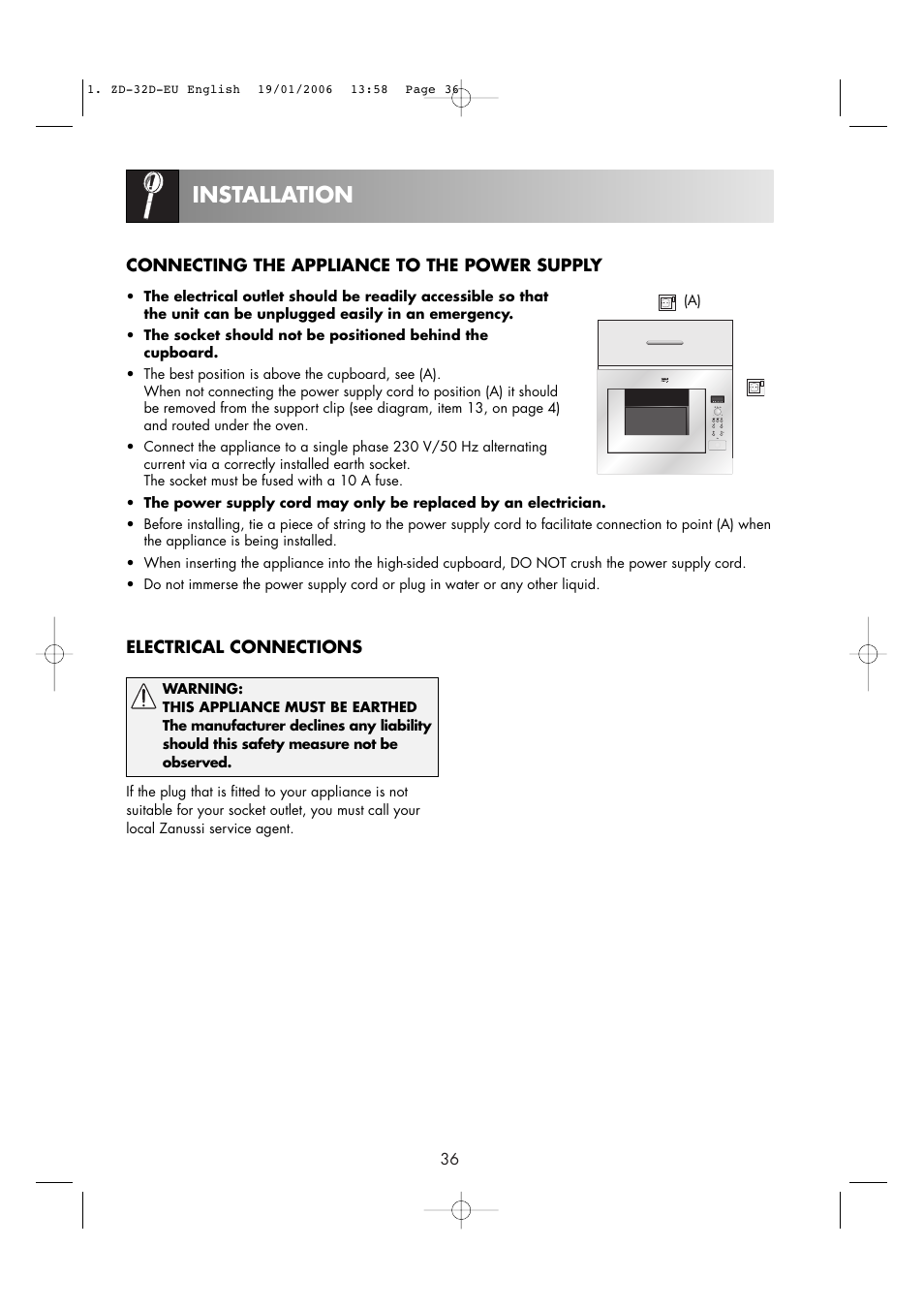 Installation | Zanussi ZM266 User Manual | Page 38 / 40