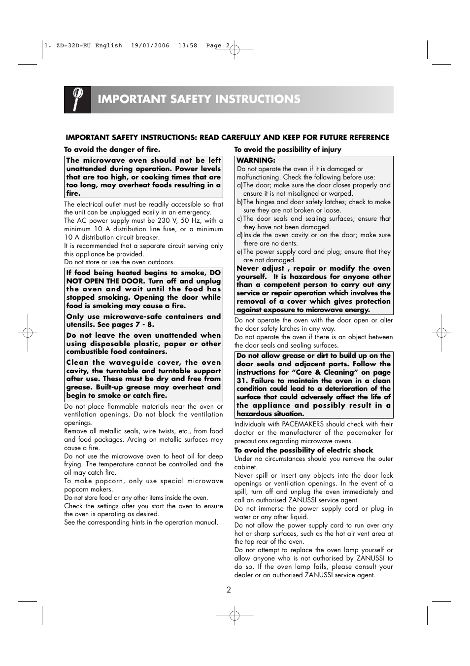 Important safety instructions | Zanussi ZM266 User Manual | Page 4 / 40