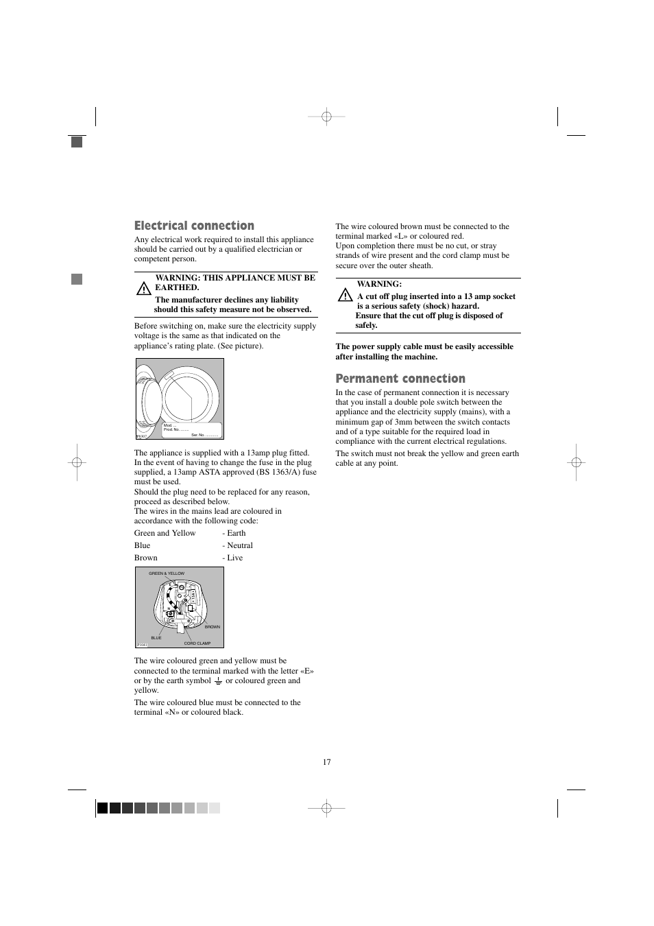 Electrical connection, Permanent connection | Zanussi TD 4100 W User Manual | Page 17 / 18