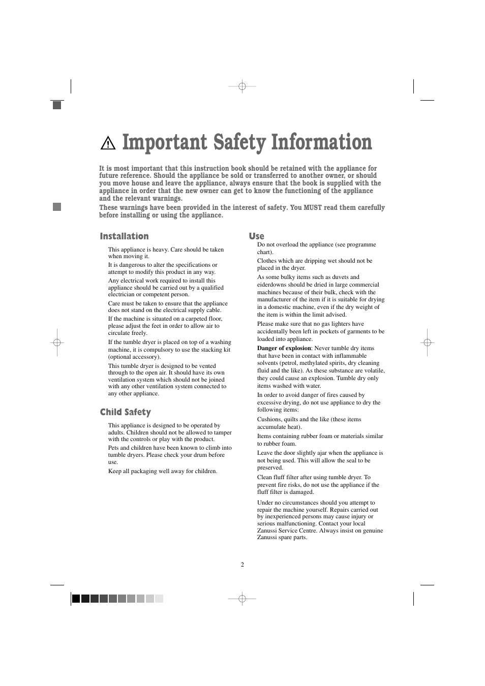 Important safety information, Installation, Child safety | Zanussi TD 4100 W User Manual | Page 2 / 18