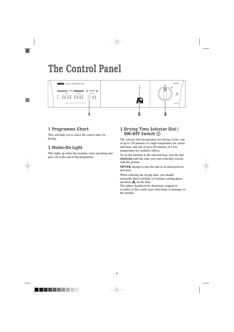 The control panel, 1 programme chart, 2 mains-on light | 3 drying time selector dial / on-off switch | Zanussi TD 4100 W User Manual | Page 6 / 18