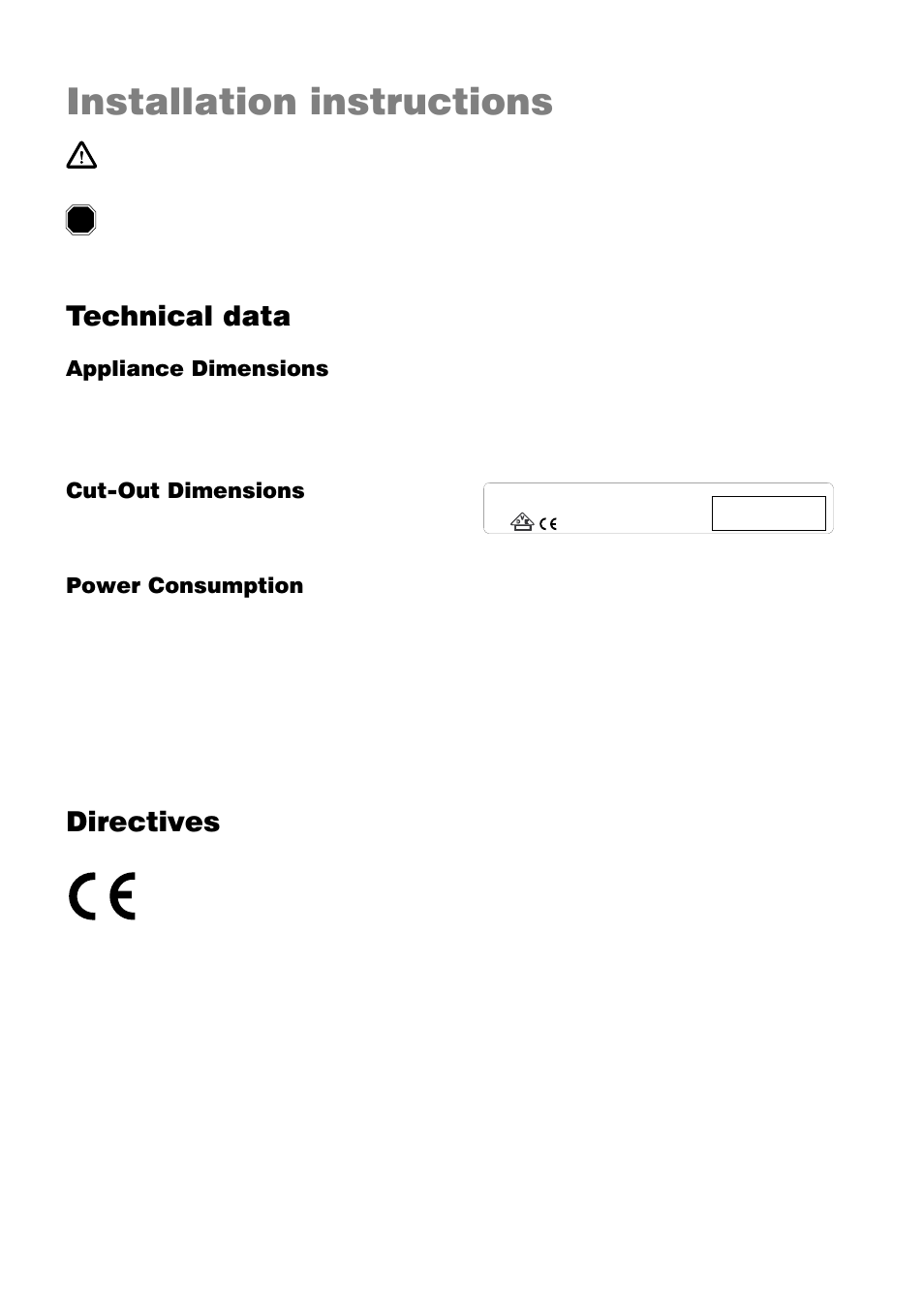 Installation instructions, Technical data, Directives | Appliance dimensions, Cut-out dimensions, Power consumption | Zanussi ZKL 850 LX User Manual | Page 12 / 18