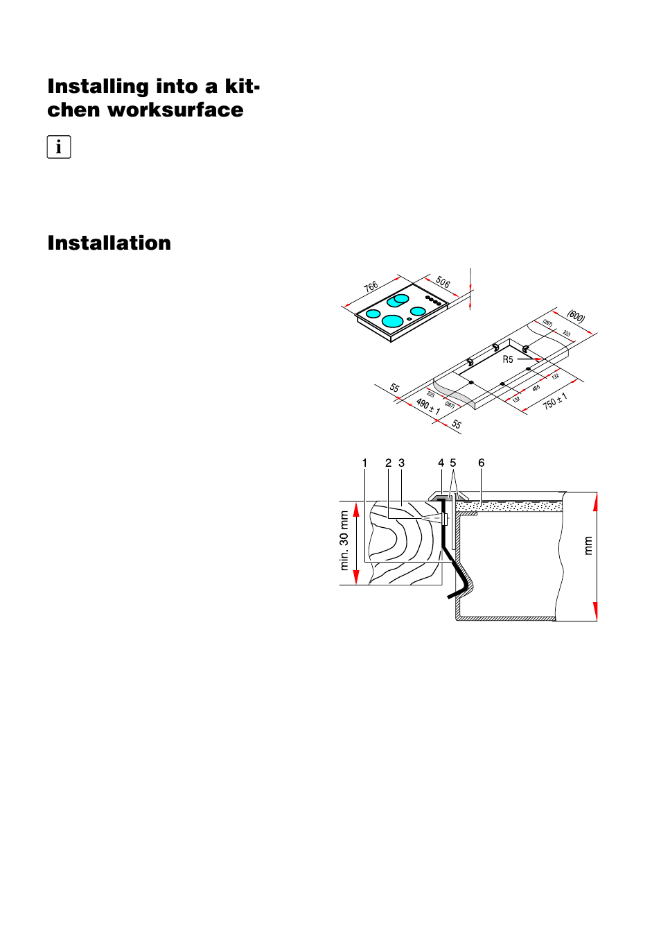 Installing into a kitć chen worksurface, Installation | Zanussi ZKL 850 LX User Manual | Page 14 / 18