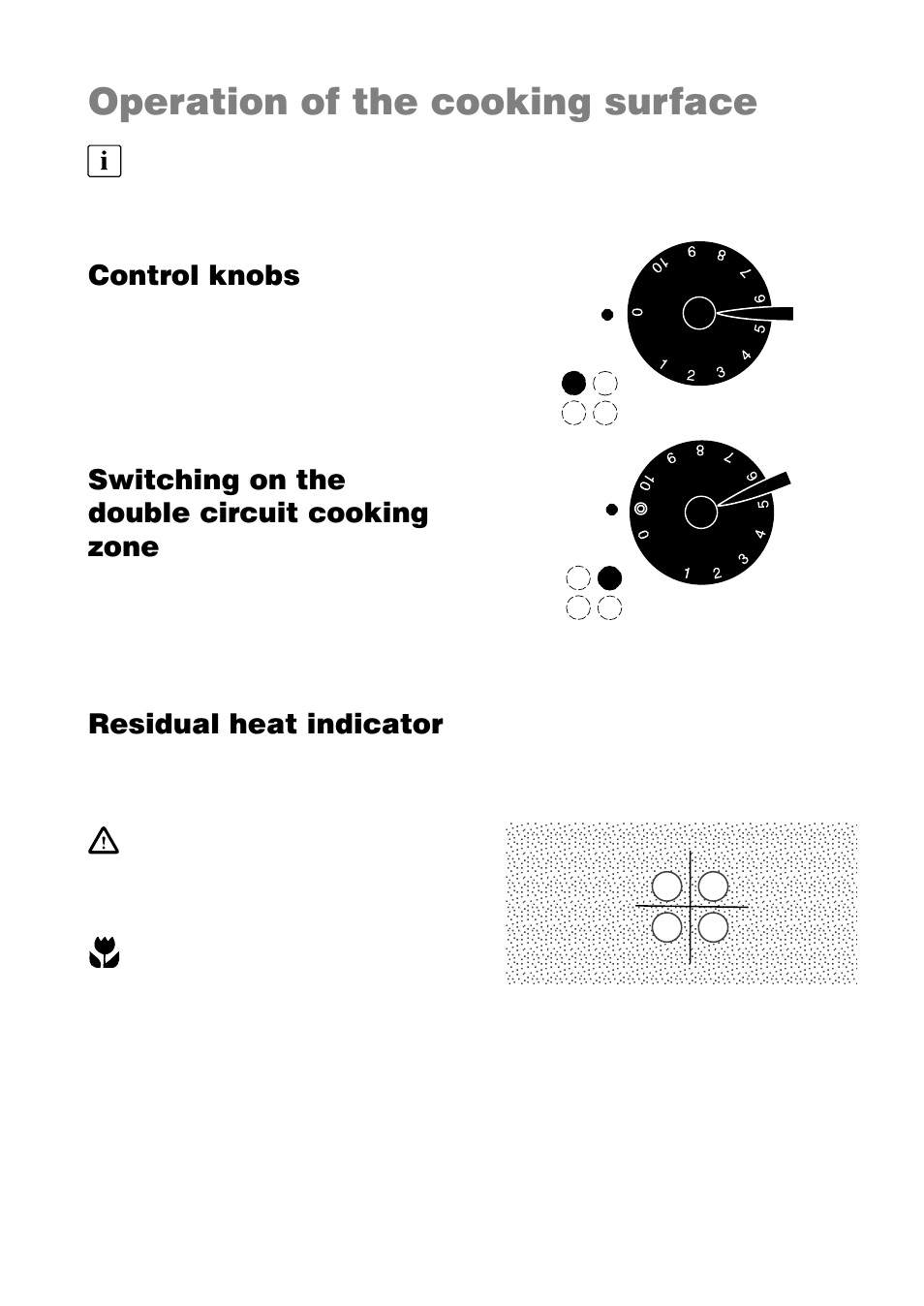 Operation of the cooking surface, Control knobs, Switching on the double circuit cooking zone | Residual heat indicator | Zanussi ZKL 850 LX User Manual | Page 7 / 18