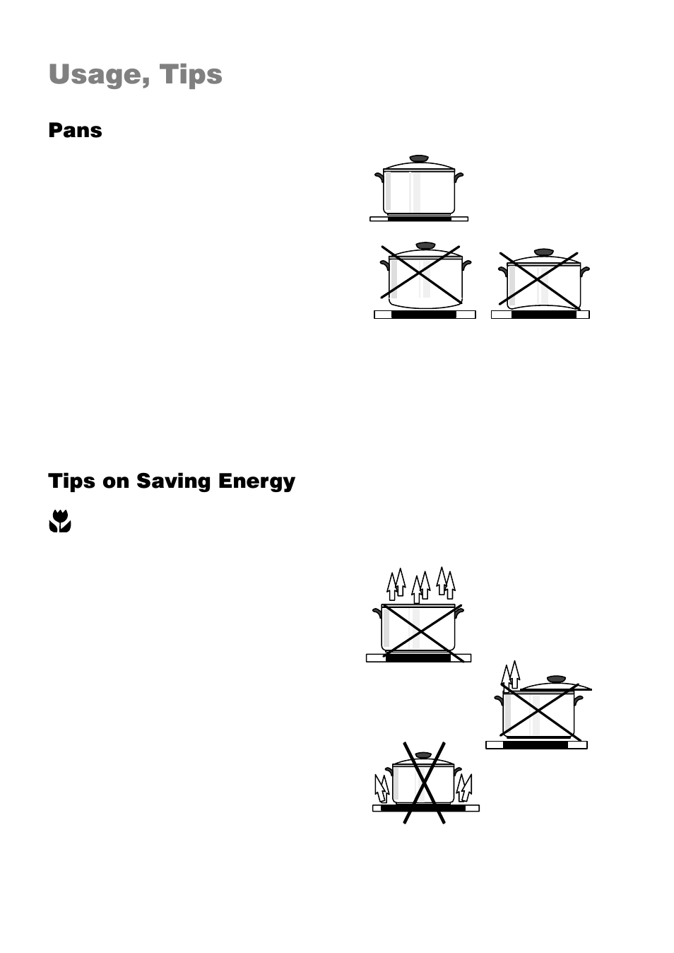 Usage, tips, Pans, Tips on saving energy | Zanussi ZKL 850 LX User Manual | Page 8 / 18