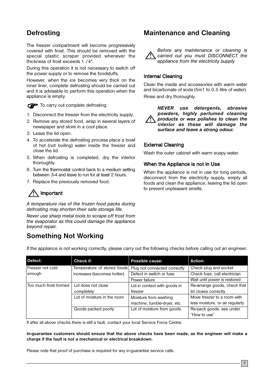 Defrosting, Maintenance and cleaning, Something not working | Zanussi ZFC 11 JE User Manual | Page 7 / 12