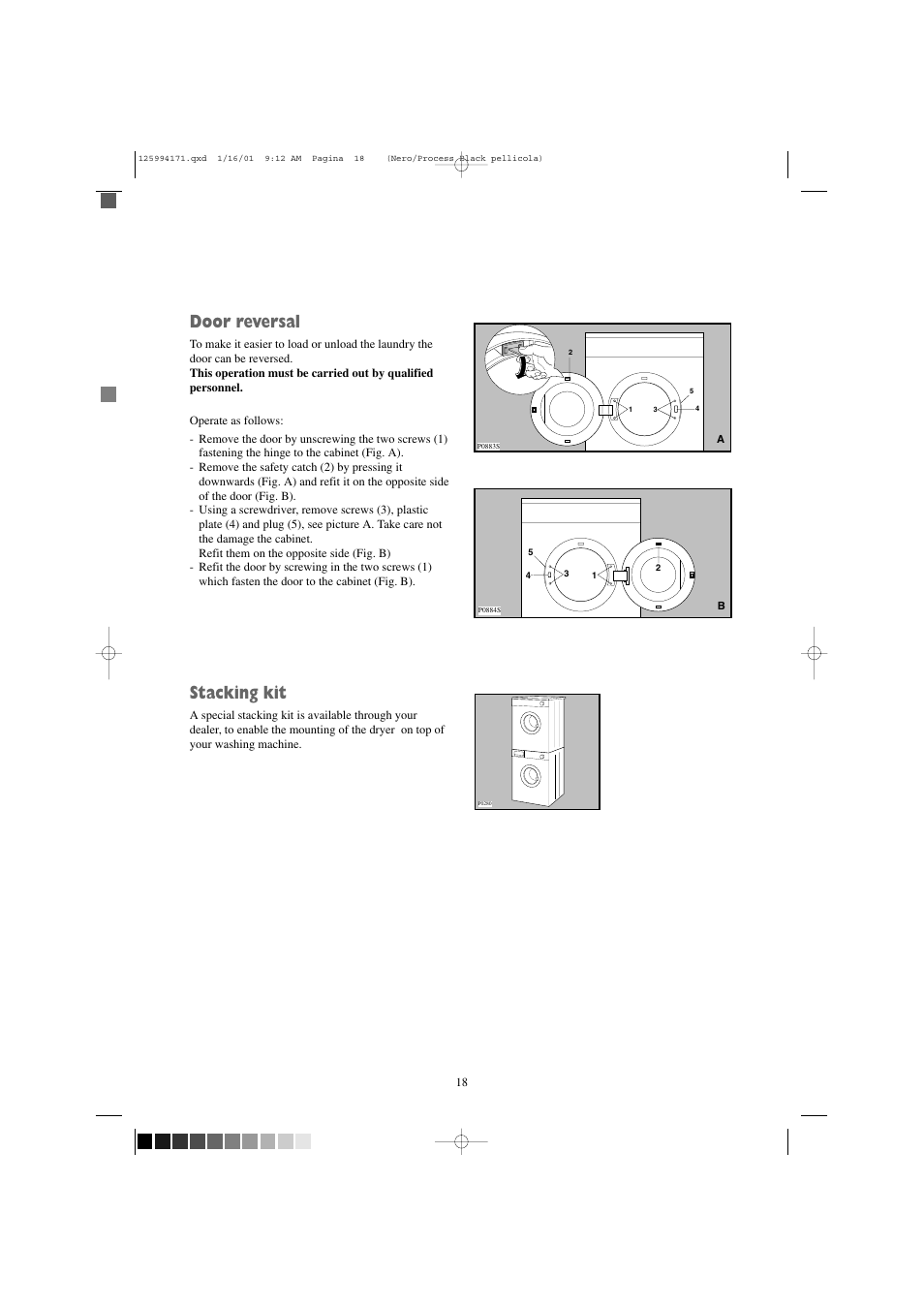 Door reversal, Stacking kit | Zanussi TDS 281 W User Manual | Page 18 / 20
