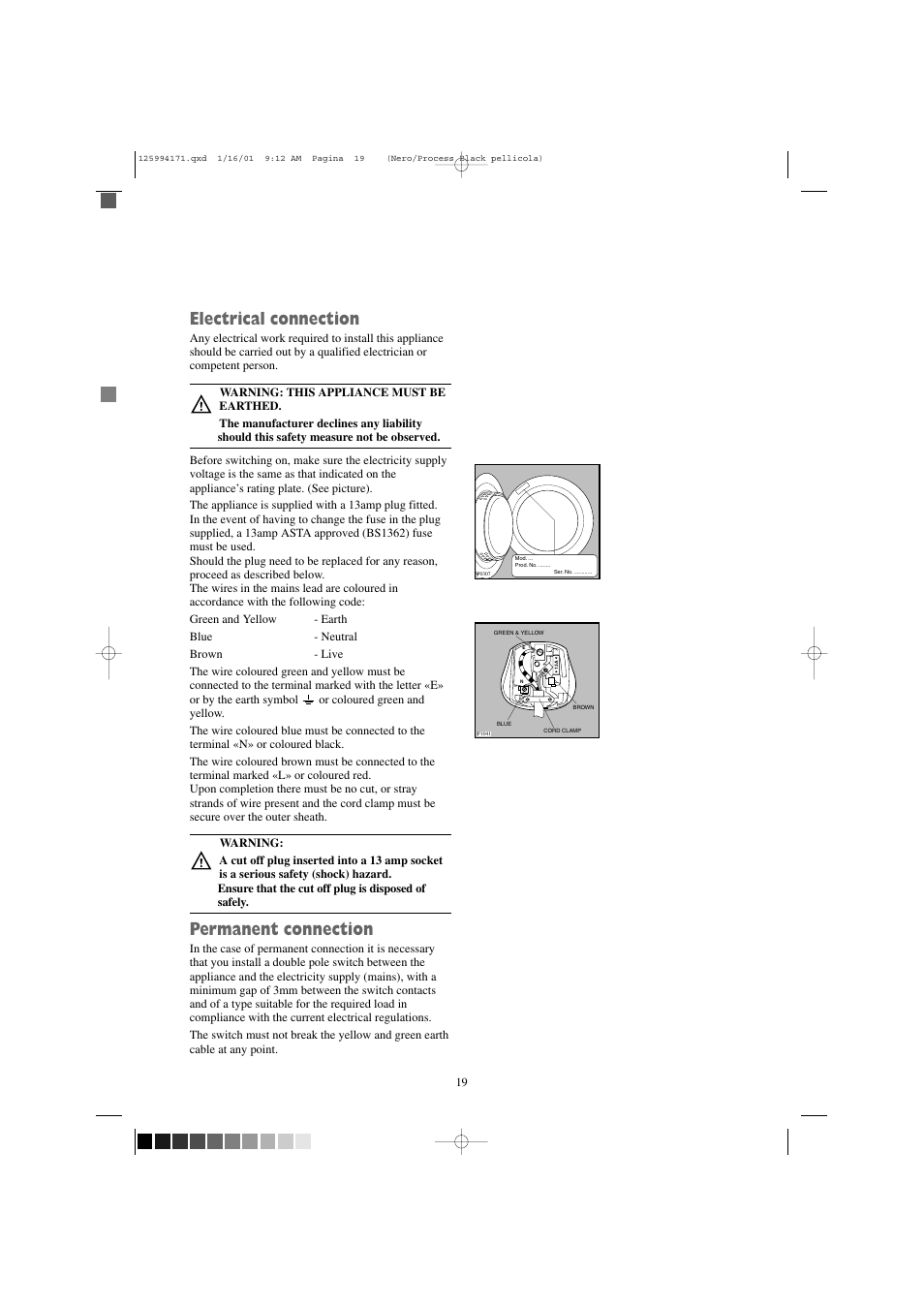 Electrical connection, Permanent connection | Zanussi TDS 281 W User Manual | Page 19 / 20