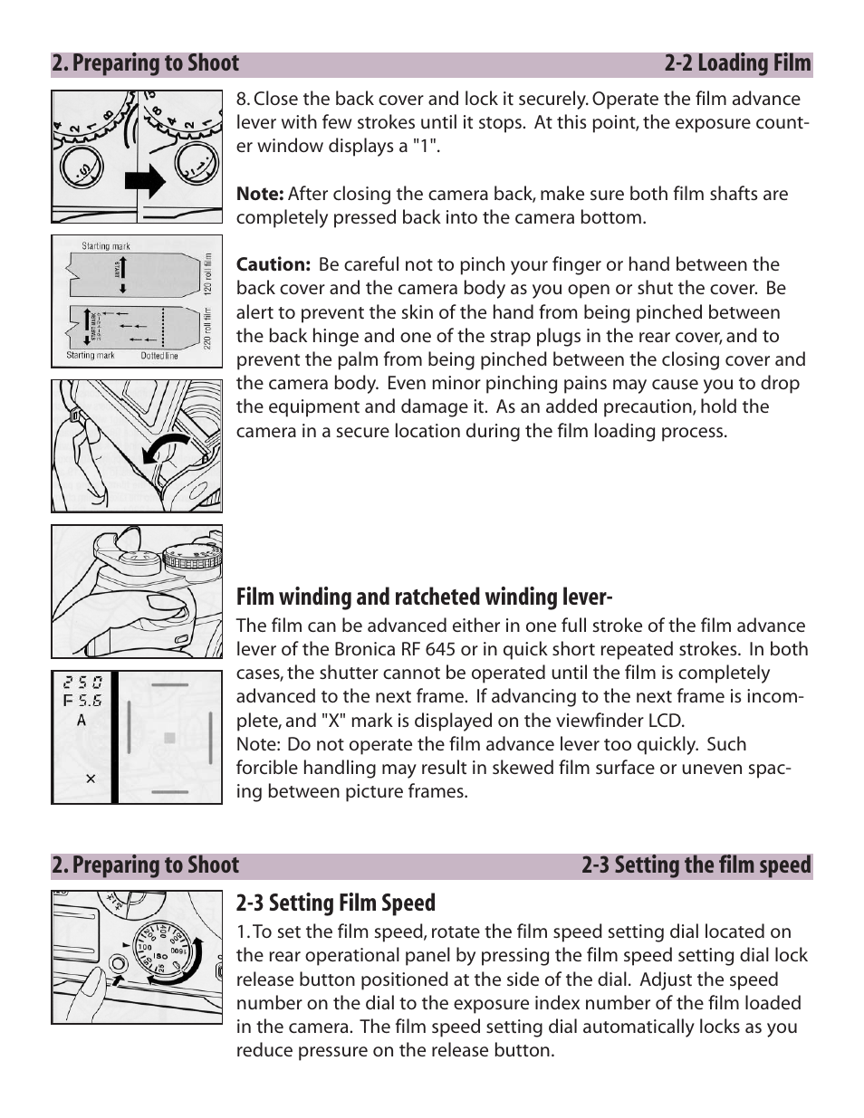 Preparing to shoot 2-2 loading film, Film winding and ratcheted winding lever | Zhumell Rangefinder RF645 User Manual | Page 11 / 33