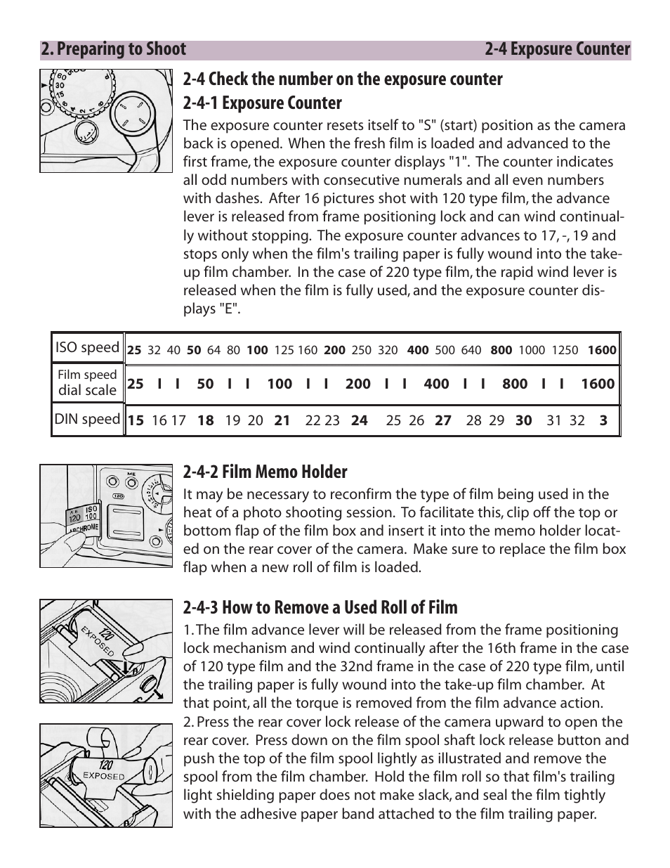 Preparing to shoot 2-4 exposure counter, 4-3 how to remove a used roll of film | Zhumell Rangefinder RF645 User Manual | Page 12 / 33