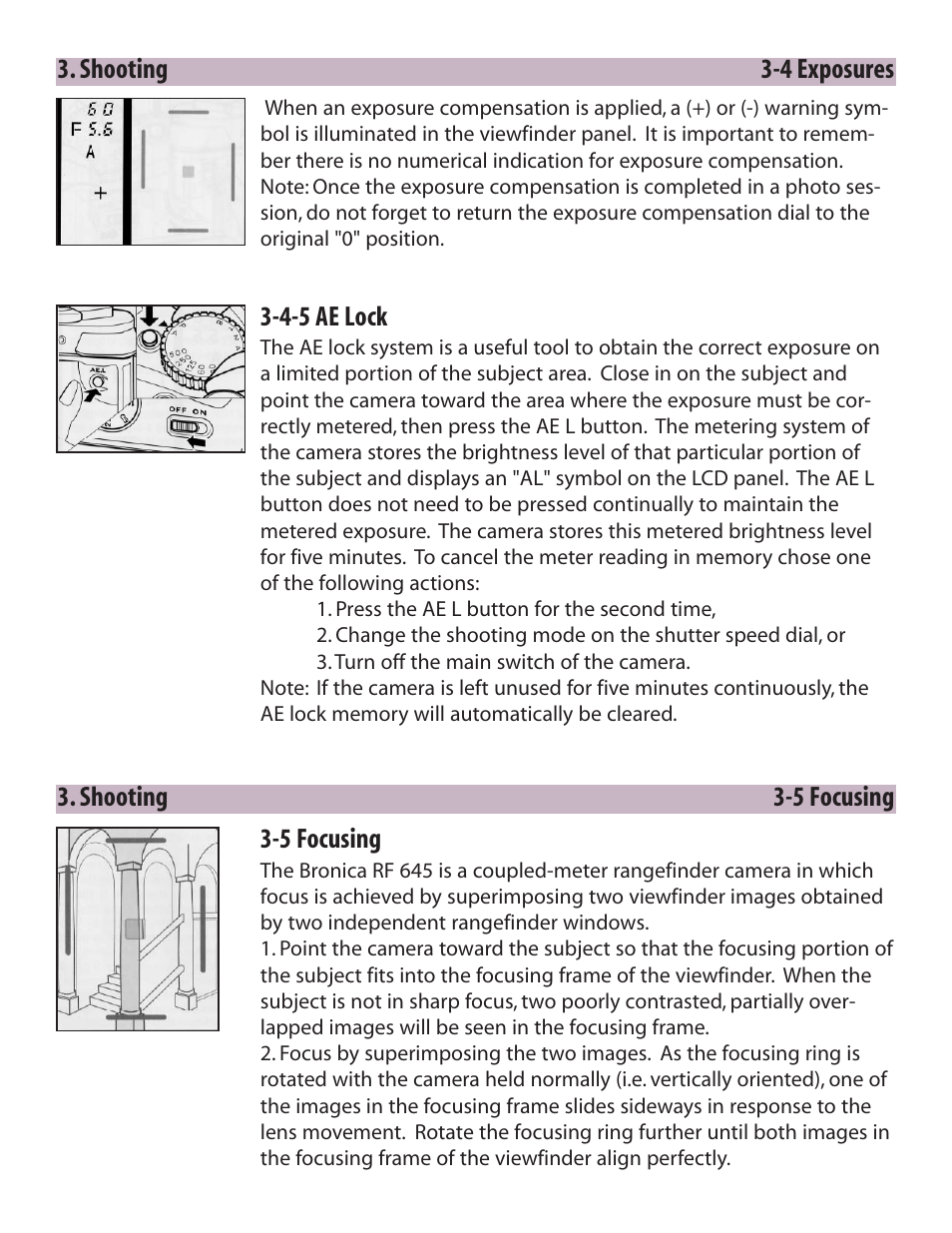 Shooting 3-4 exposures, 4-5 ae lock, Shooting 3-5 focusing 3-5 focusing | Zhumell Rangefinder RF645 User Manual | Page 19 / 33