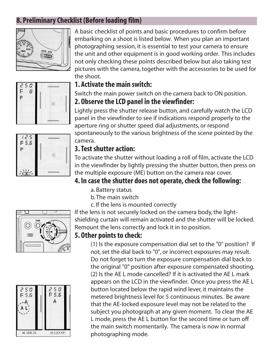 Preliminary checklist (before loading film), Activate the main switch, Observe the lcd panel in the viewfinder | Test shutter action, Other points to check | Zhumell Rangefinder RF645 User Manual | Page 31 / 33