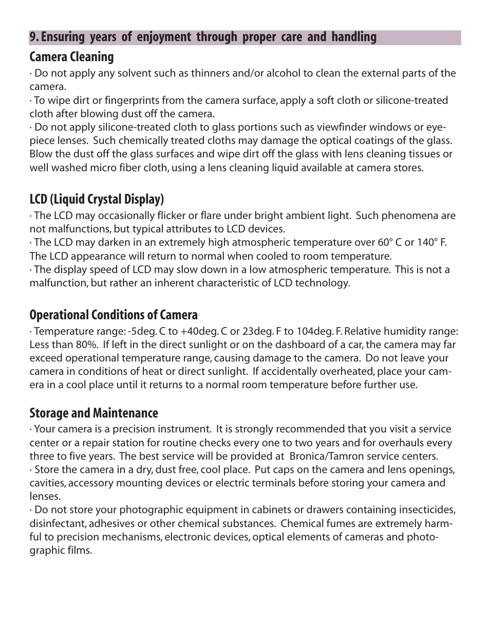 Lcd (liquid crystal display), Operational conditions of camera, Storage and maintenance | Zhumell Rangefinder RF645 User Manual | Page 33 / 33