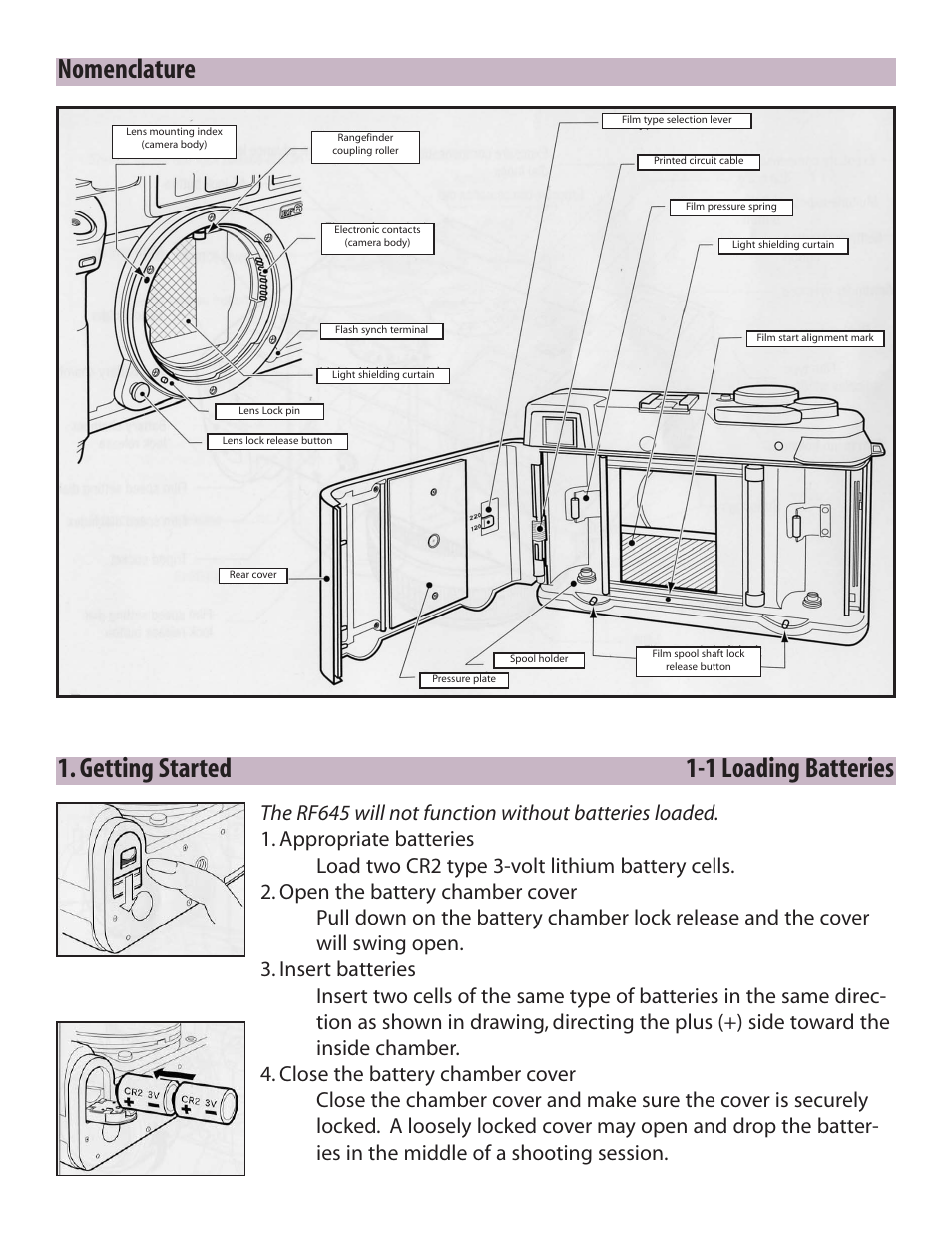 Nomenclature, Getting started 1-1 loading batteries | Zhumell Rangefinder RF645 User Manual | Page 6 / 33