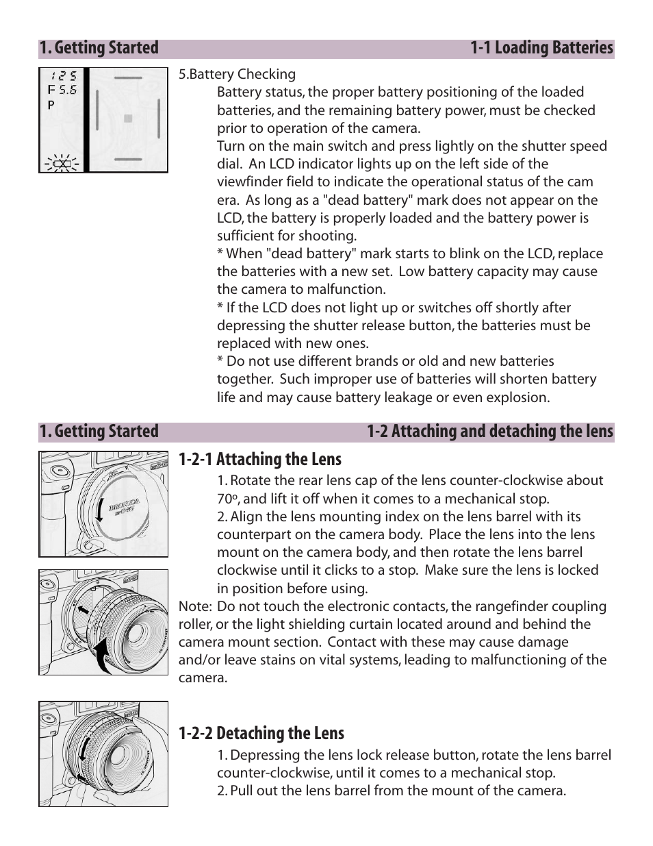 Getting started 1-1 loading batteries, 2-2 detaching the lens | Zhumell Rangefinder RF645 User Manual | Page 7 / 33