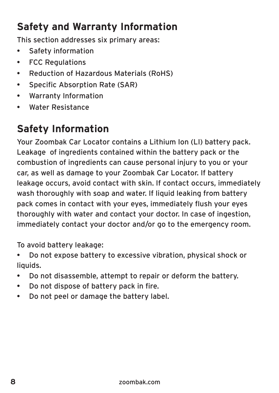 Safety and warranty information, Safety information | Zoombak Car and Family GPS Locator User Manual | Page 12 / 18