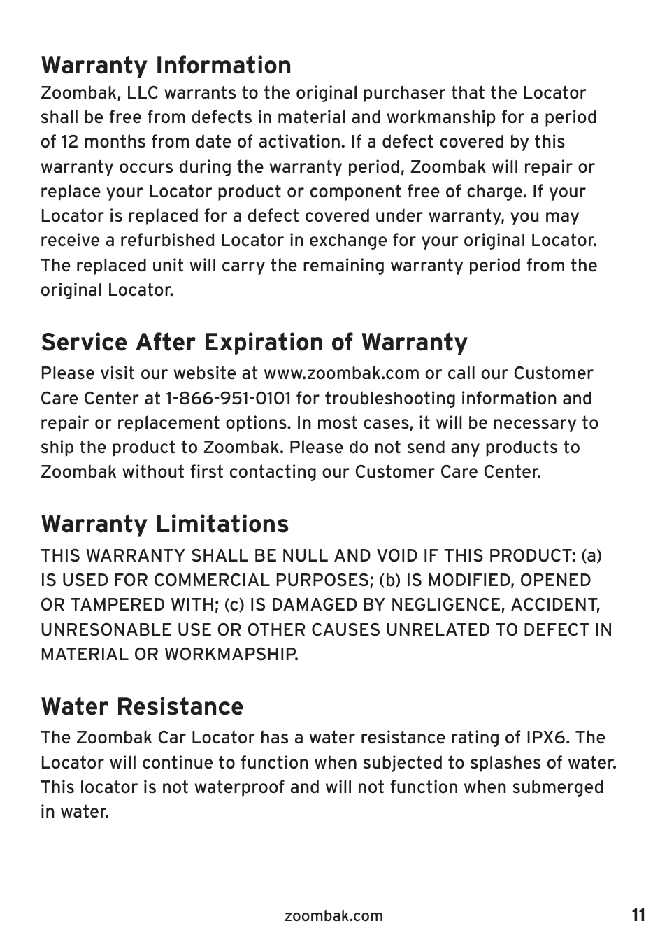 Warranty information, Service after expiration of warranty, Warranty limitations | Water resistance | Zoombak Car and Family GPS Locator User Manual | Page 15 / 18