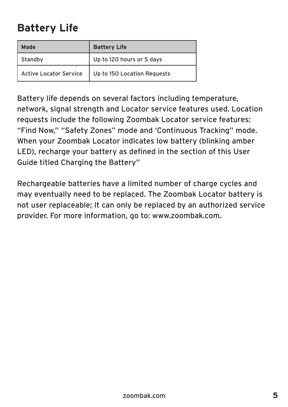 Battery life | Zoombak Car and Family GPS Locator User Manual | Page 9 / 18