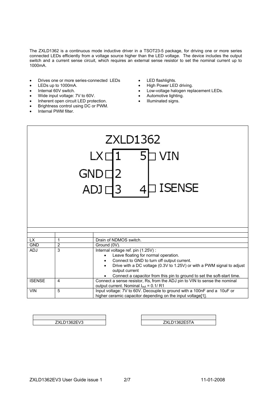 Tsot23-5 pack | Zetex Semiconductors PLC ZXLD1362EV3 User Manual | Page 2 / 7