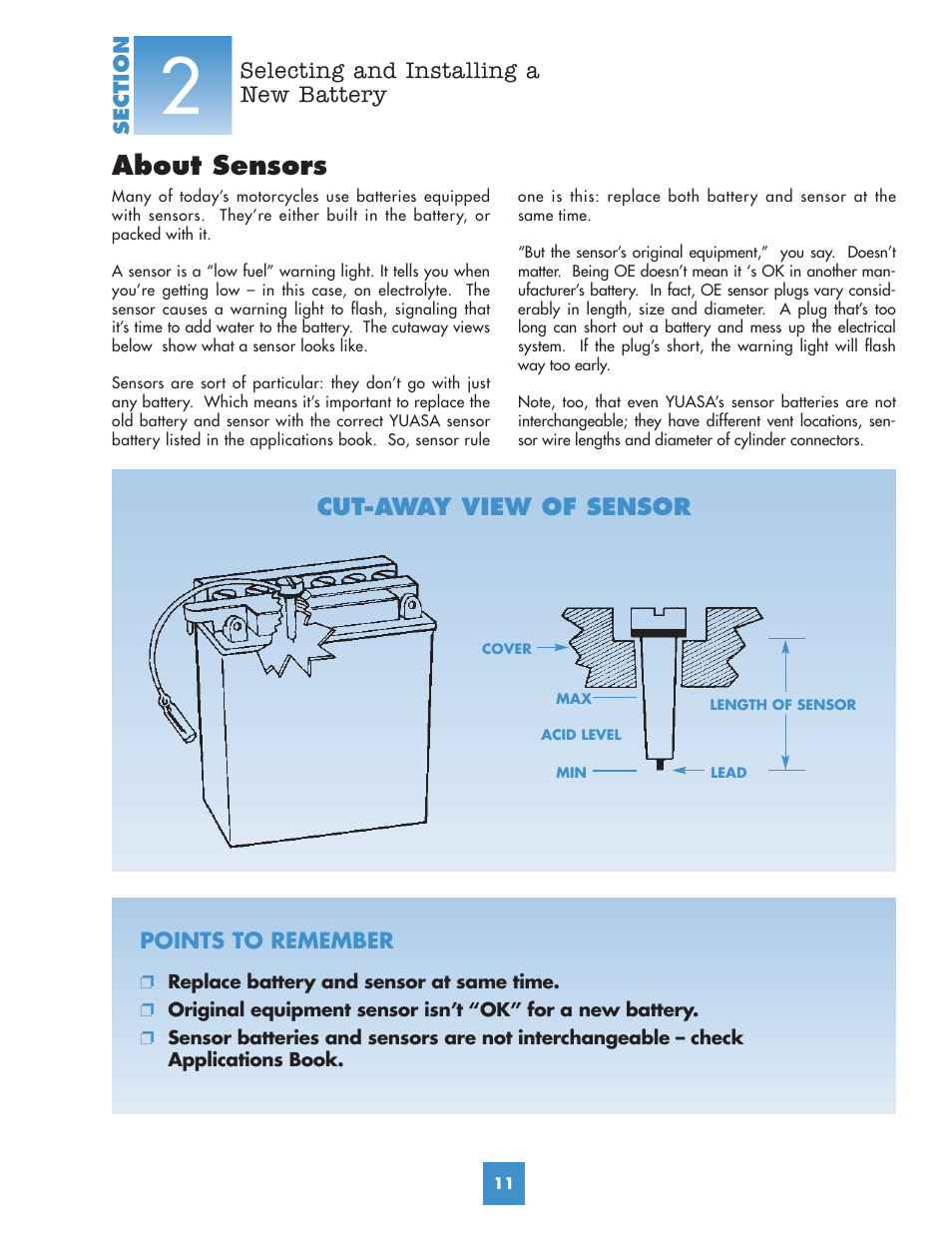About sensors, Cut-away view of sensor | Yuasa Battery YUMICRON YUA00ACC05 User Manual | Page 13 / 44