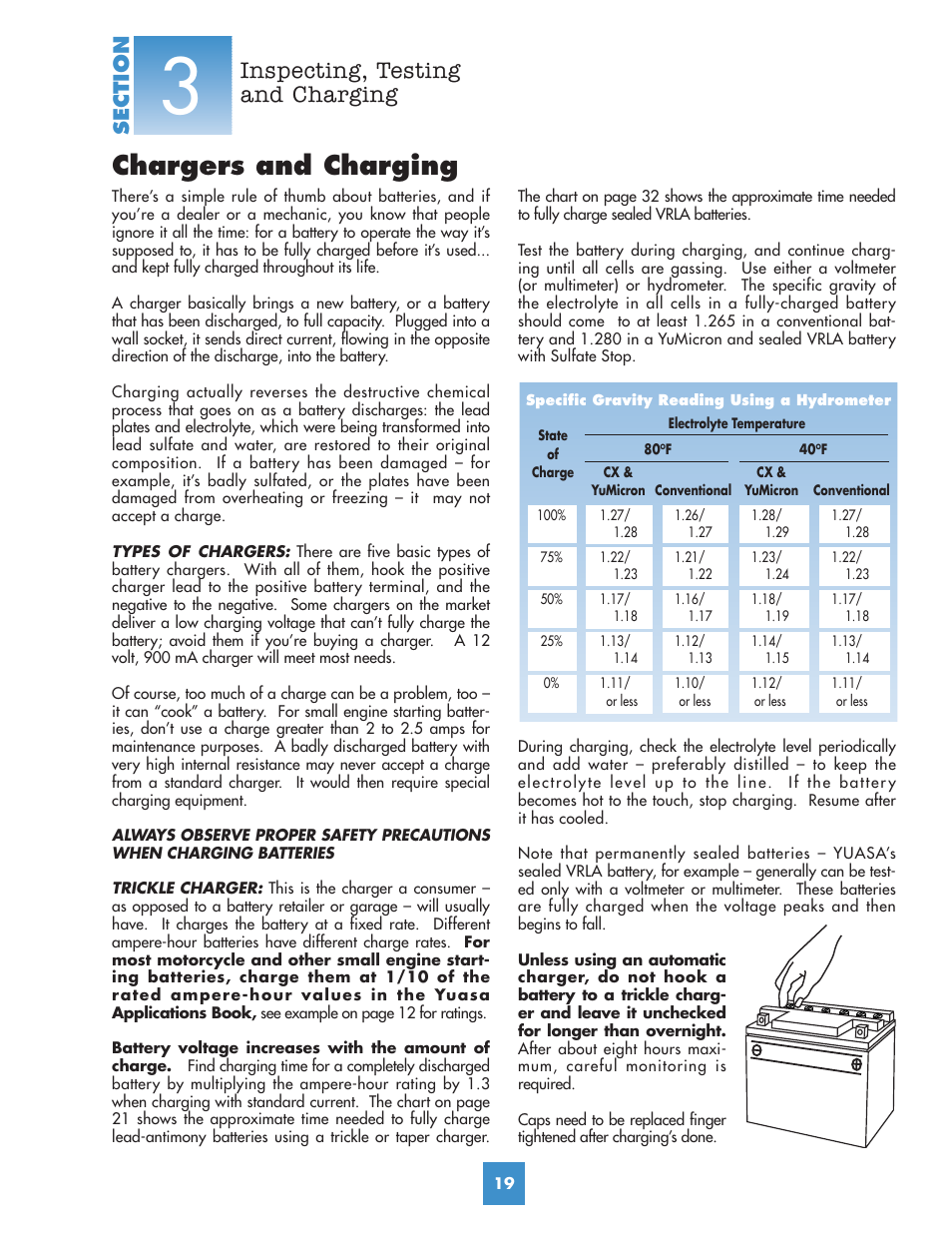Chargers and charging, Inspecting, testing and charging | Yuasa Battery YUMICRON YUA00ACC05 User Manual | Page 21 / 44