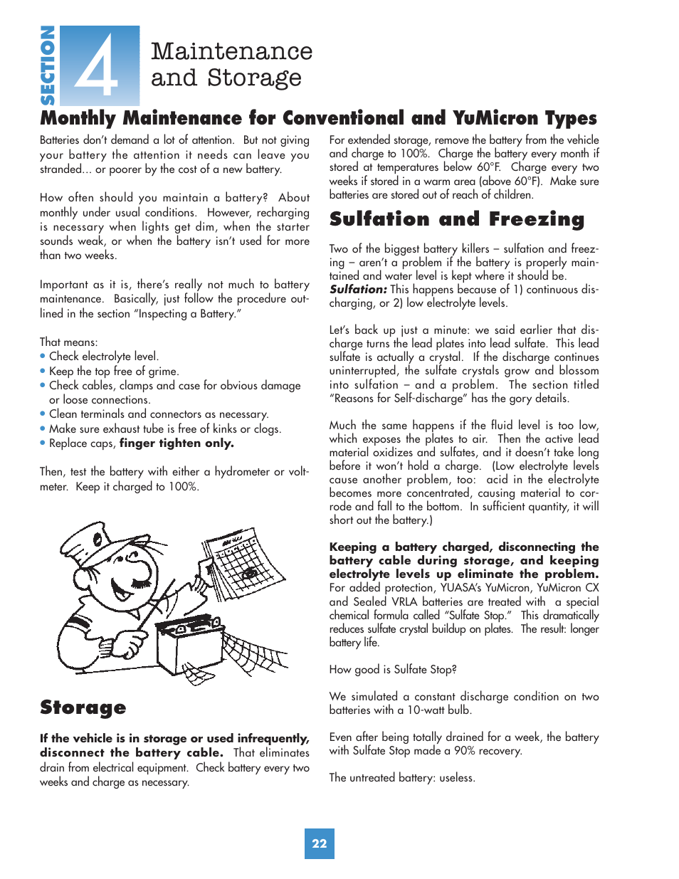 Maintenance and storage, Sulfation and freezing, Storage | Yuasa Battery YUMICRON YUA00ACC05 User Manual | Page 24 / 44