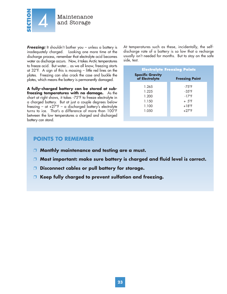 Maintenance and storage, Points to remember | Yuasa Battery YUMICRON YUA00ACC05 User Manual | Page 25 / 44