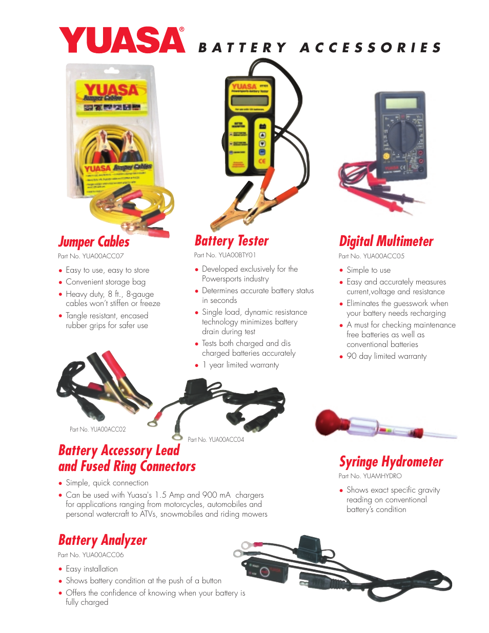 Syringe hydrometer, Battery analyzer, Digital multimeter | Battery accessory lead and fused ring connectors, Battery tester, Jumper cables | Yuasa Battery YUMICRON YUA00ACC05 User Manual | Page 43 / 44