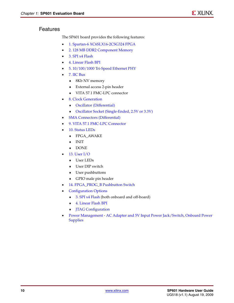 Features | Xilinx SP601 Hardware UG518 User Manual | Page 10 / 55