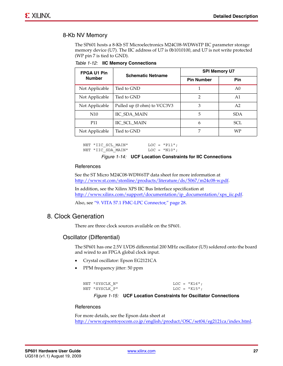 Clock generation, Kb nv memory, Oscillator (differential) | Xilinx SP601 Hardware UG518 User Manual | Page 27 / 55
