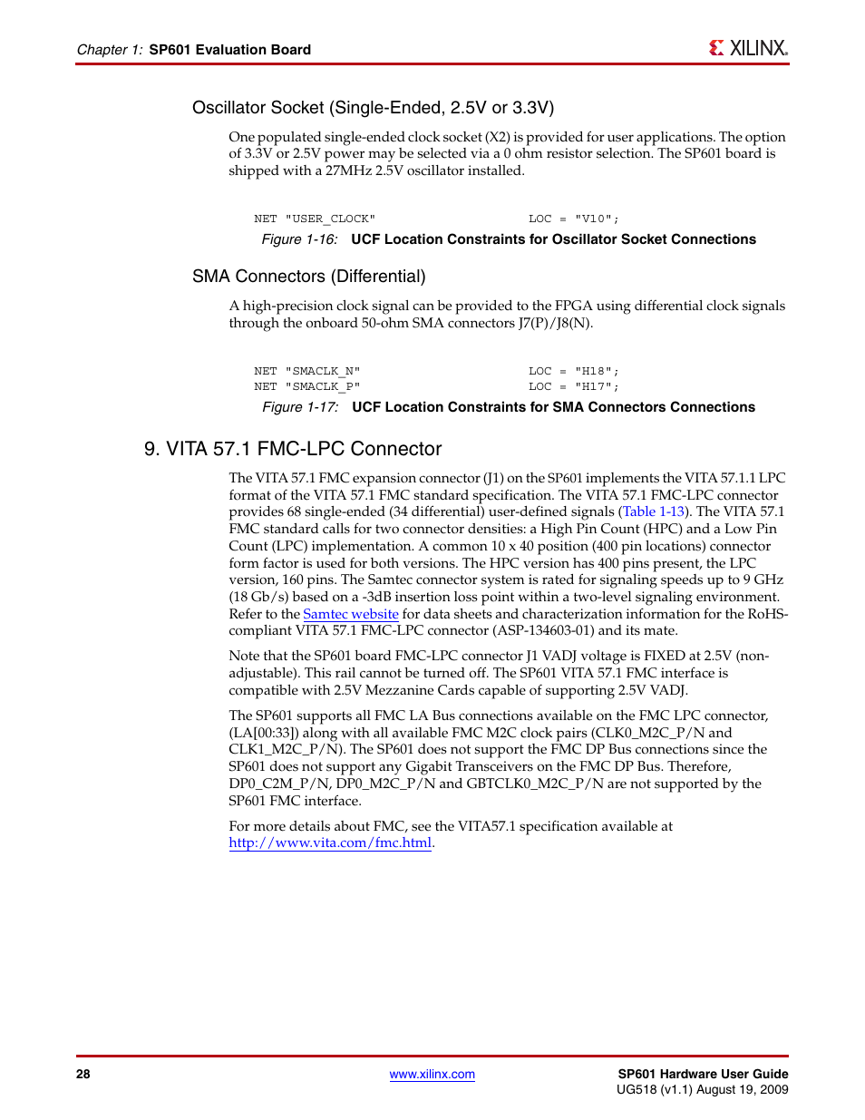 Vita 57.1 fmc-lpc connector, Oscillator socket (single-ended, 2.5v or 3.3v), Sma connectors (differential) | Xilinx SP601 Hardware UG518 User Manual | Page 28 / 55