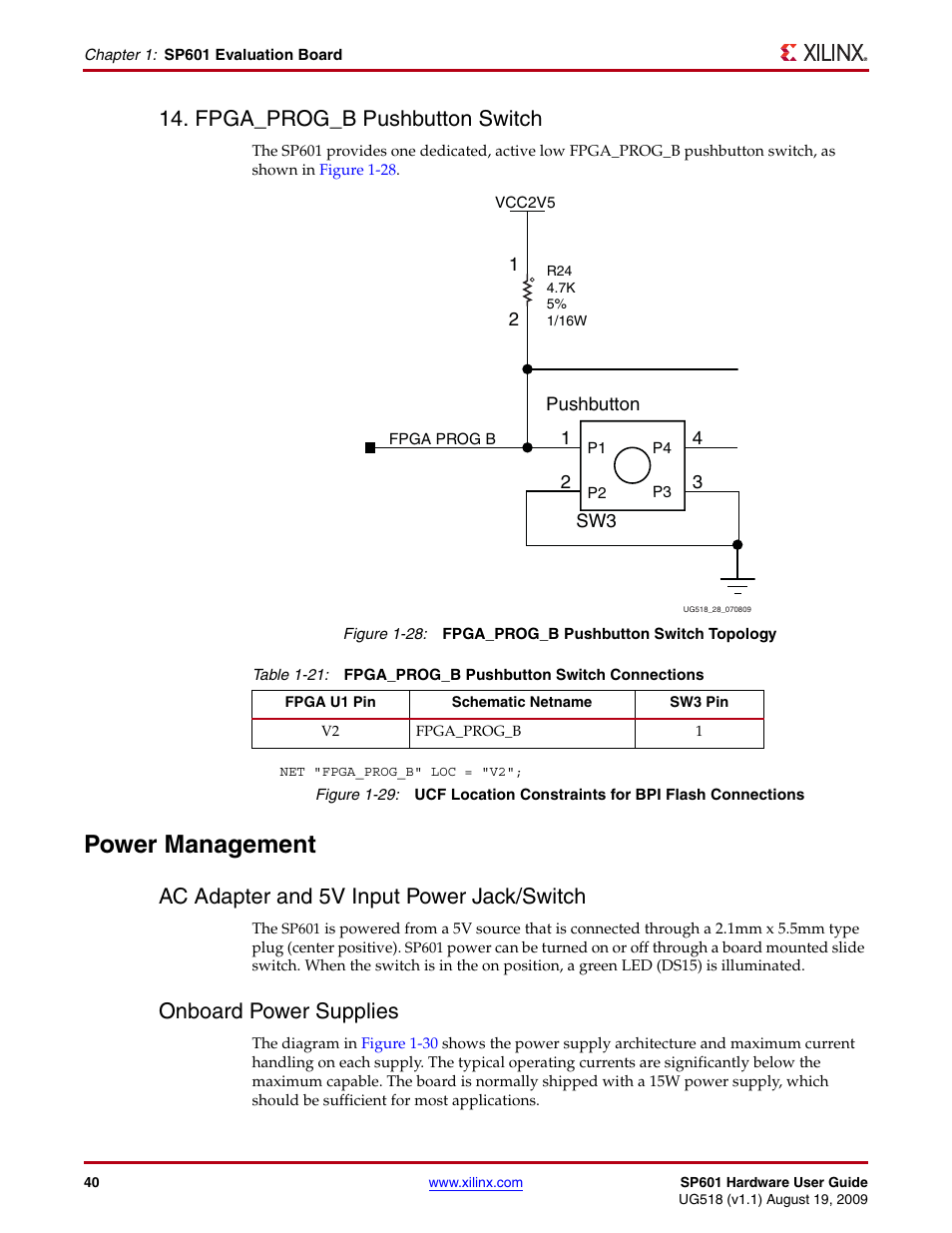 Fpga_prog_b pushbutton switch, Power management, Ac adapter and 5v input power jack/switch | Onboard power supplies, Onboard power, Supplies | Xilinx SP601 Hardware UG518 User Manual | Page 40 / 55