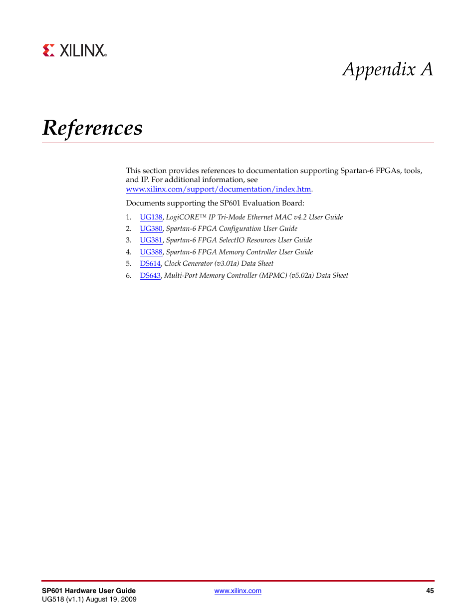 References, Appendix a: references, Appendix a, “references | Ref 2, Appendix a | Xilinx SP601 Hardware UG518 User Manual | Page 45 / 55