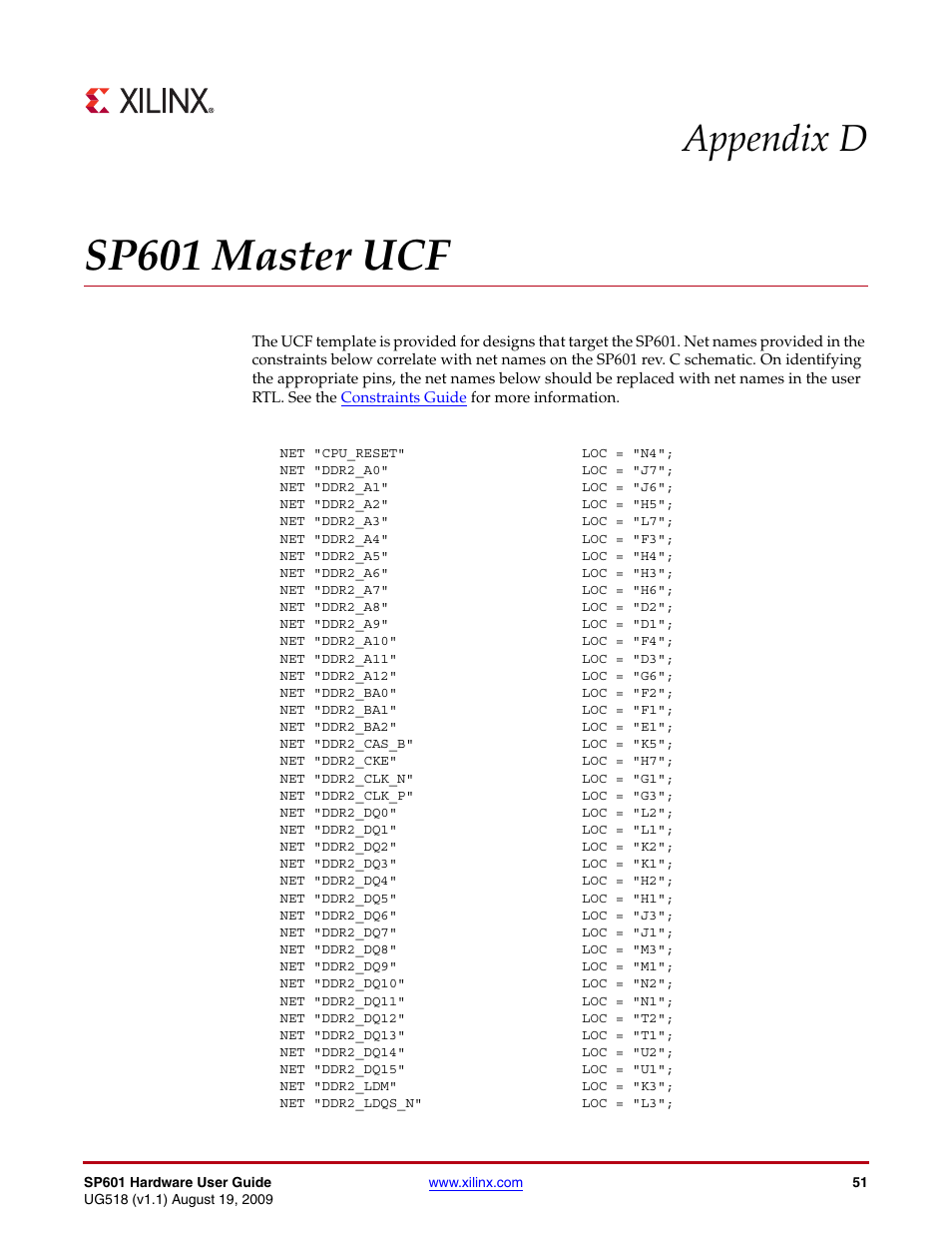 Sp601 master ucf, Appendix d, “sp601 master ucf, Appendix d: sp601 master ucf | Appendix d | Xilinx SP601 Hardware UG518 User Manual | Page 51 / 55