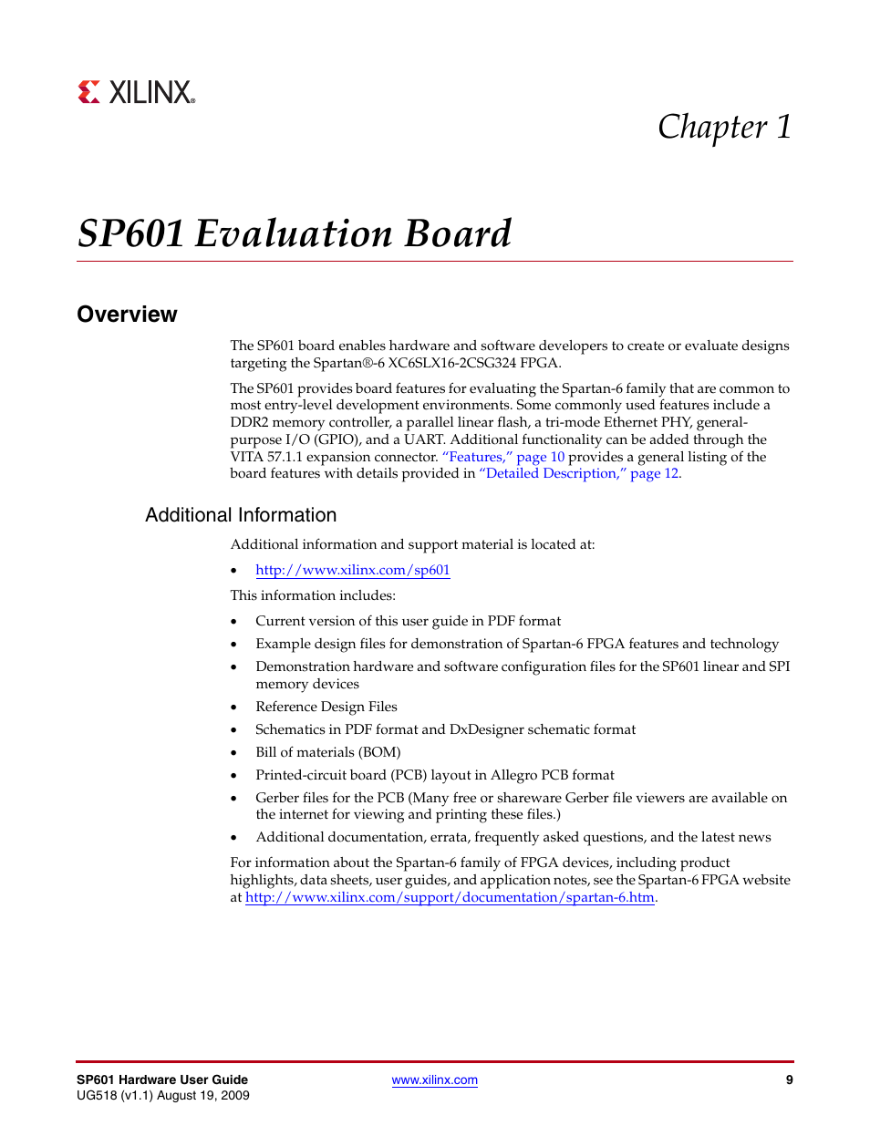 Sp601 evaluation board, Overview, Additional information | Chapter 1: sp601 evaluation board, Chapter 1, “sp601 evaluation board, Chapter 1 | Xilinx SP601 Hardware UG518 User Manual | Page 9 / 55