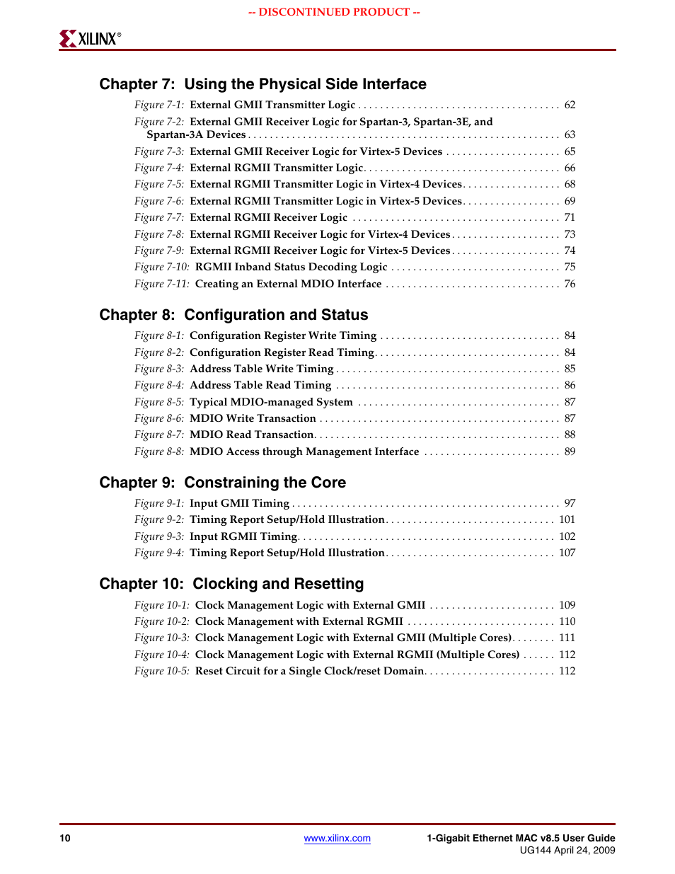 Chapter 7: using the physical side interface, Chapter 8: configuration and status, Chapter 9: constraining the core | Chapter 10: clocking and resetting | Xilinx LOGICORE UG144 User Manual | Page 10 / 138