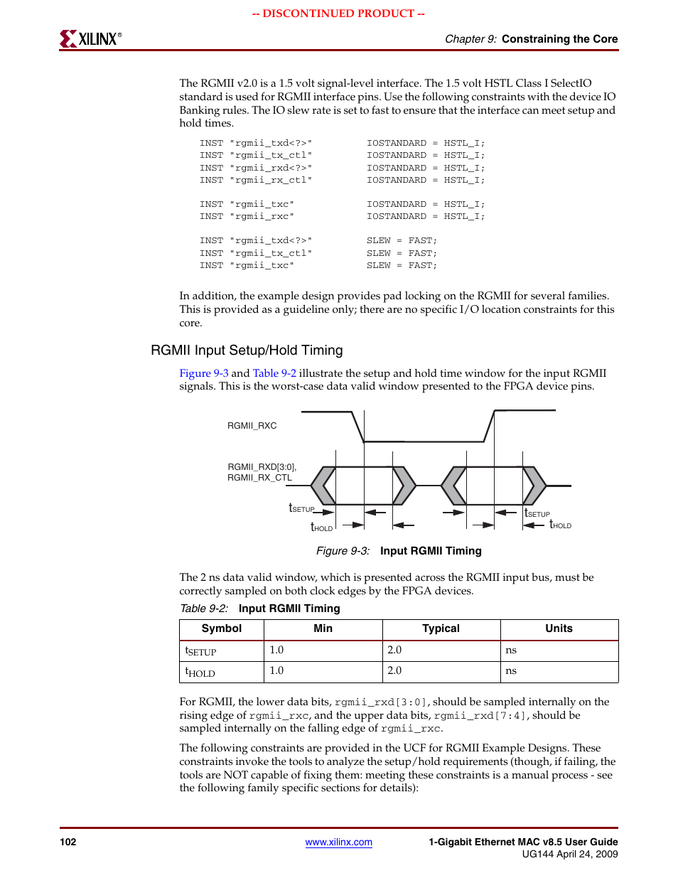 Figure 9-3, Table 9-2, Rgmii input setup/hold timing | Xilinx LOGICORE UG144 User Manual | Page 102 / 138