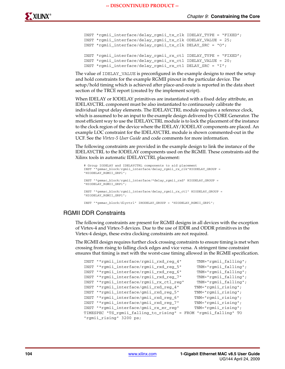 Rgmii ddr constraints | Xilinx LOGICORE UG144 User Manual | Page 104 / 138