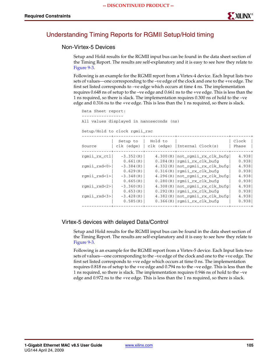 Non-virtex-5 devices, Virtex-5 devices with delayed data/control | Xilinx LOGICORE UG144 User Manual | Page 105 / 138