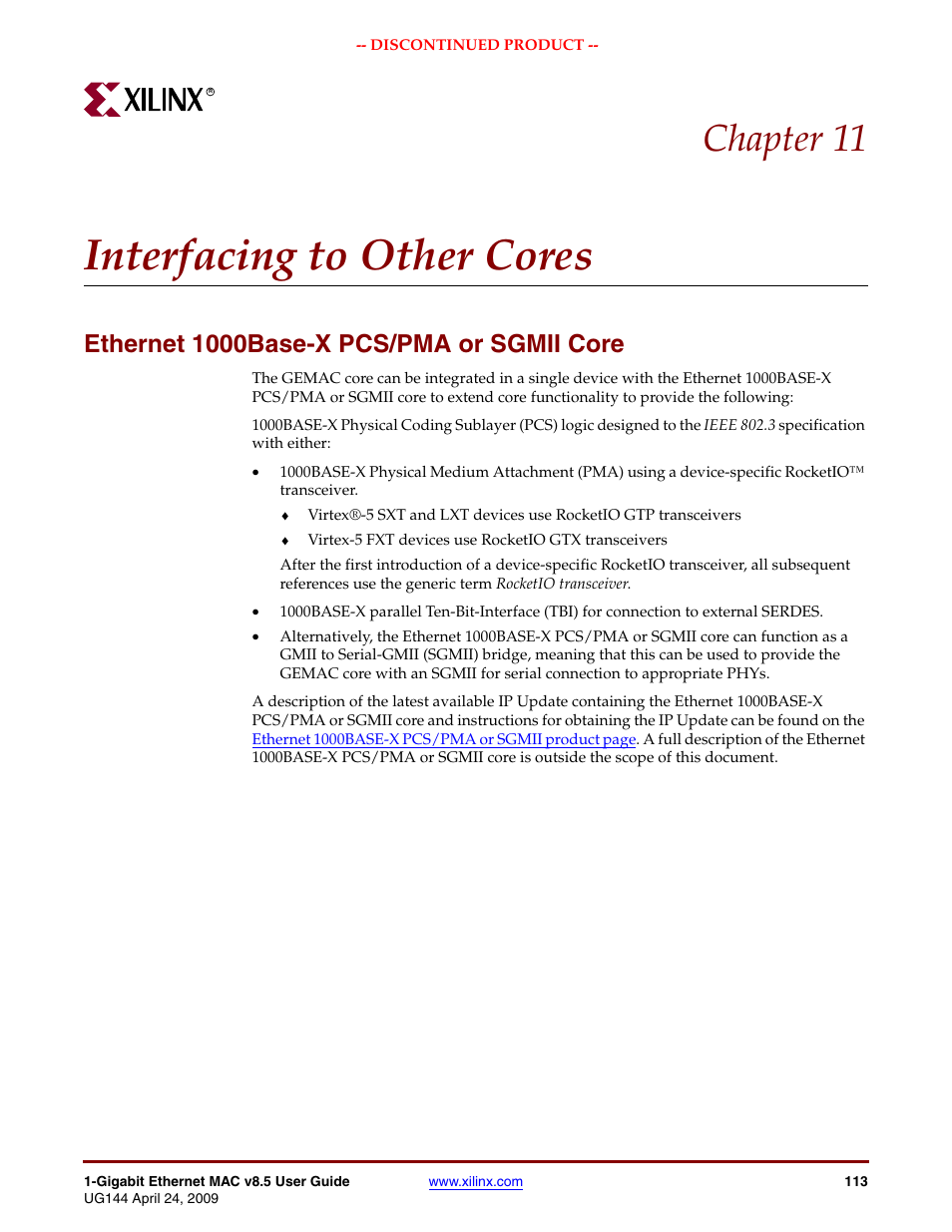 Interfacing to other cores, Ethernet 1000base-x pcs/pma or sgmii core, Chapter 11: interfacing to other cores | Chapter 11, “interfacing to other cores, Chapter 11 | Xilinx LOGICORE UG144 User Manual | Page 113 / 138