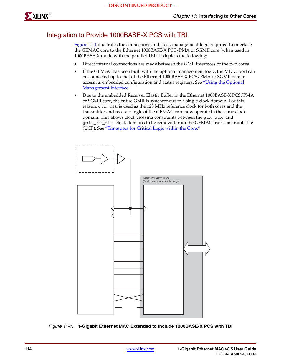 Integration to provide 1000base-x pcs with tbi, Figure 11-1, Chapter 11: interfacing to other cores | Discontinued product | Xilinx LOGICORE UG144 User Manual | Page 114 / 138