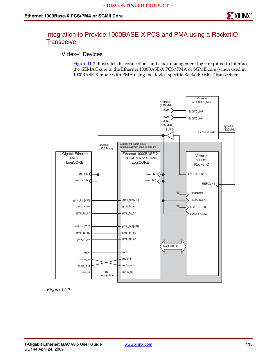 Figure 11-2, Virtex-4 devices, Ethernet 1000base-x pcs/pma or sgmii core | Discontinued product | Xilinx LOGICORE UG144 User Manual | Page 115 / 138