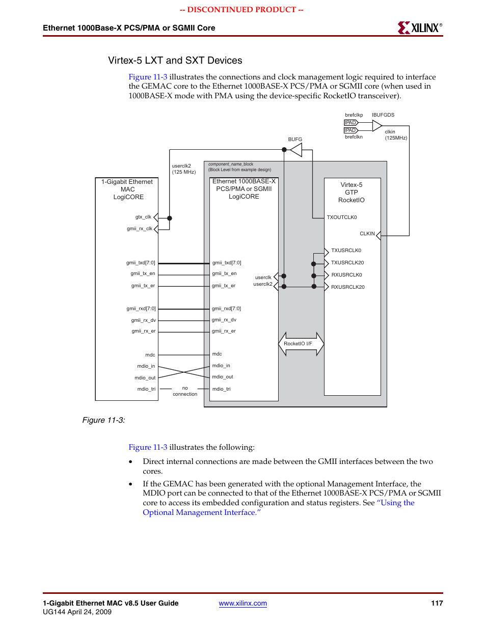 Figure 11-3, Virtex-5 lxt and sxt devices, Ethernet 1000base-x pcs/pma or sgmii core | Discontinued product | Xilinx LOGICORE UG144 User Manual | Page 117 / 138