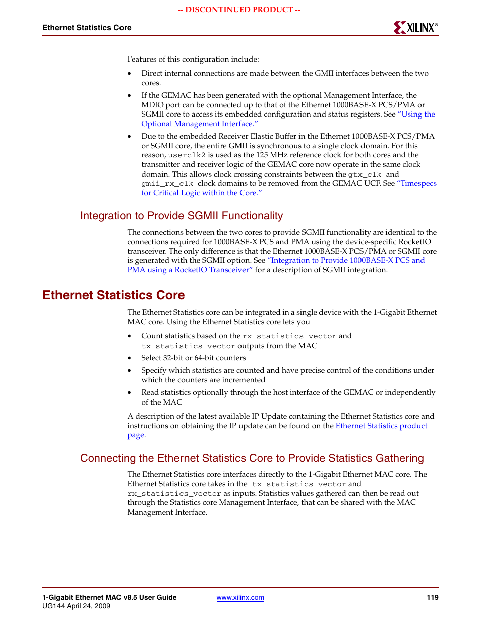Integration to provide sgmii functionality, Ethernet statistics core | Xilinx LOGICORE UG144 User Manual | Page 119 / 138
