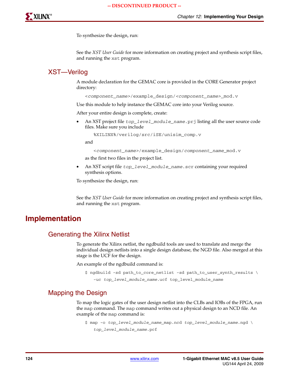 Xst-verilog, Implementation, Generating the xilinx netlist | Mapping the design, Xst—verilog, Generating the xilinx netlist mapping the design | Xilinx LOGICORE UG144 User Manual | Page 124 / 138