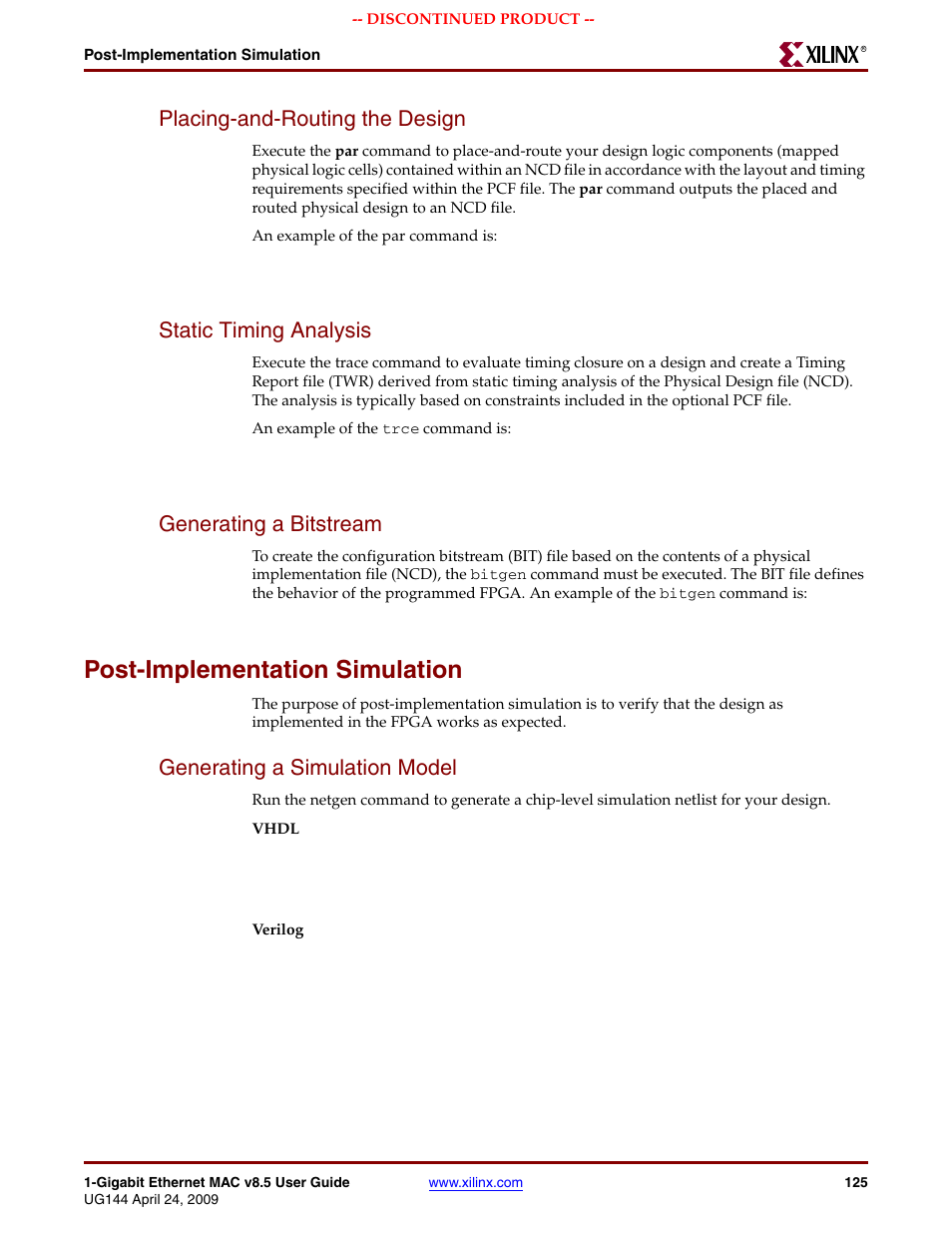 Placing-and-routing the design, Static timing analysis, Generating a bitstream | Post-implementation simulation, Generating a simulation model | Xilinx LOGICORE UG144 User Manual | Page 125 / 138